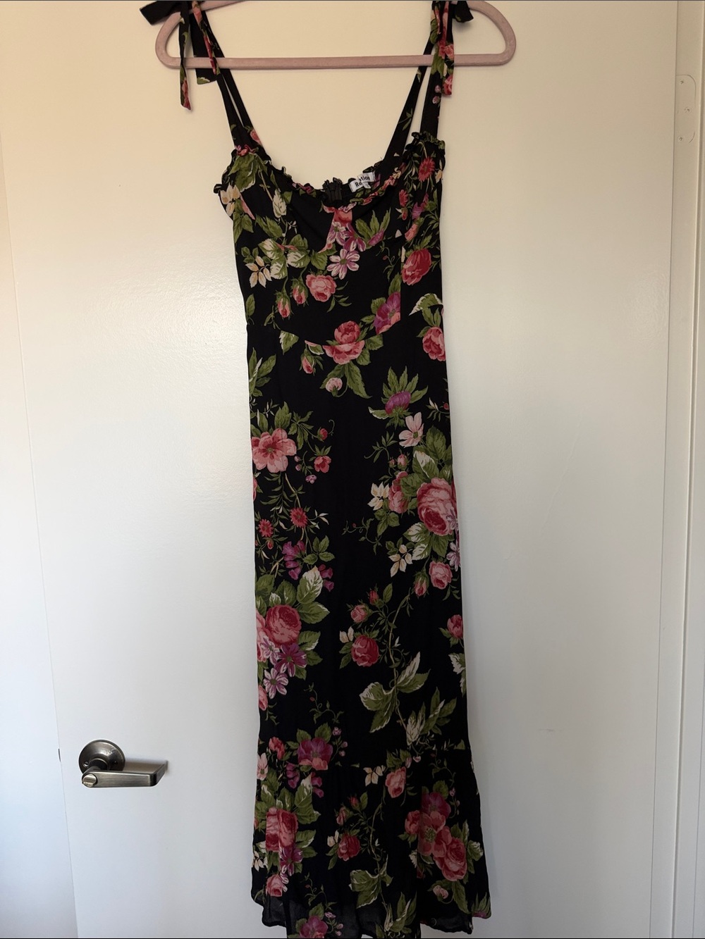 Reformation Black Maxi Dress with Pink & Green Floral Print